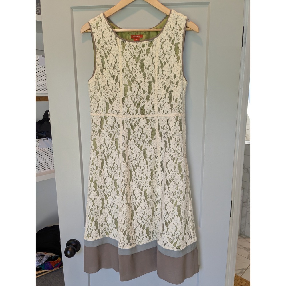 Sundance Floral Lace Dress Sleeveless Olive Green Beige Lined Women's Sz 8